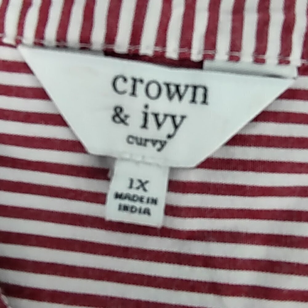 Crown & Ivy Women's 100% Cotton, Burgundy, White Striped Pullover Blouse Size 1X - Picture 12 of 13